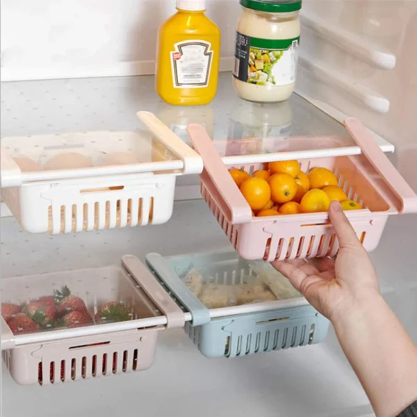 Adjustable Fridge Storage Basket Expandable Fridge Storage Rack Plastic Fridge Space Saver Food Organizer Tray