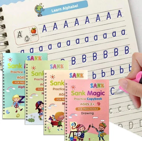 Set of 4 Sank Magic Learning Book with Magic Pen , Practice book For Montessori children Tracing Handwriting