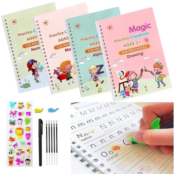 Set of 4 Sank Magic Learning Book with Magic Pen , Practice book For Montessori children Tracing Handwriting