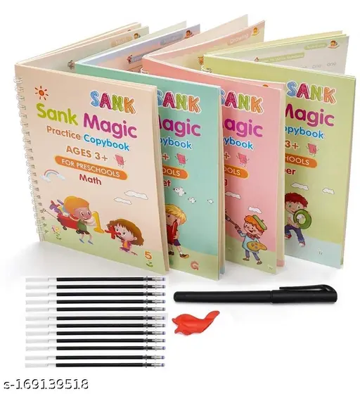 Set of 4 Sank Magic Learning Book with Magic Pen , Practice book For Montessori children Tracing Handwriting